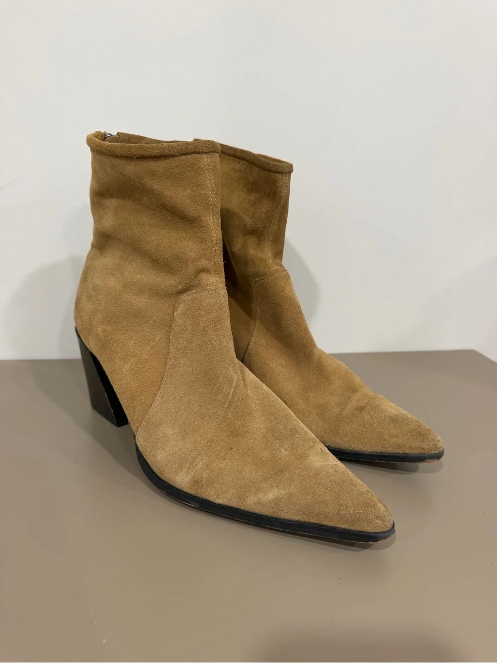 Zara Genuine Suede Pointed-Toe Ankle Boots - Tan